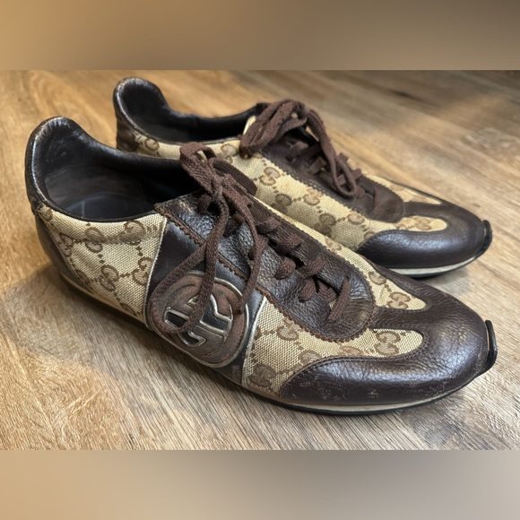 Gucci Men's GG Logo Low Top Sneakers Brown Canvas 202744 G 7 US 8